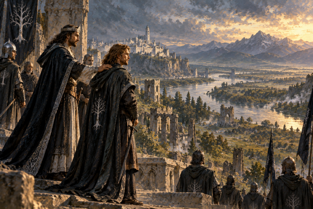 Faramir overlooking Ithilien after being made prince of the recovering land