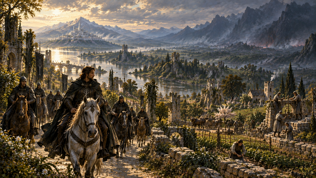 Faramir riding through restored Ithilien with Gondorian retainers between the Anduin and the distant Mountains of Shadow.