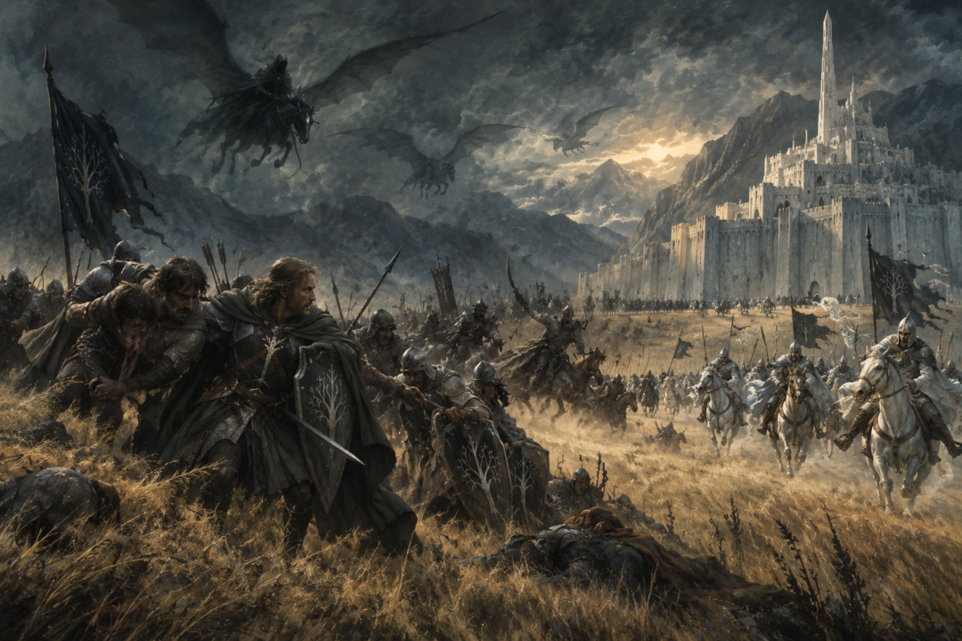 Faramir and Gondorian soldiers retreat across the Pelennor as Orcs and Nazgul pursue them toward Minas Tirith