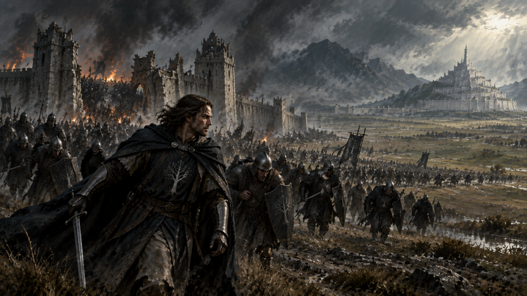 Faramir leading Gondorian soldiers in retreat across the Pelennor after the Rammas Echor is breached