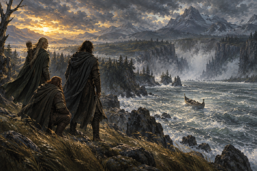 Faramir sees Boromir’s mysterious funeral boat passing down the Anduin near ruined Osgiliath at night.