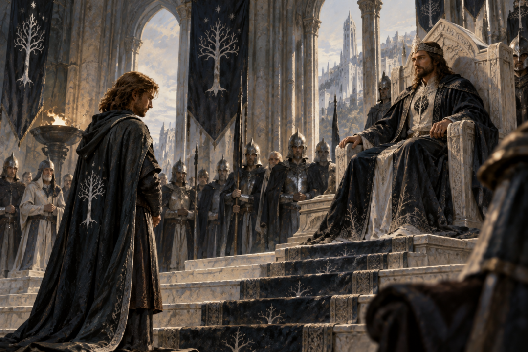Faramir standing as Steward before King Elessar in the restored court of Minas Tirith