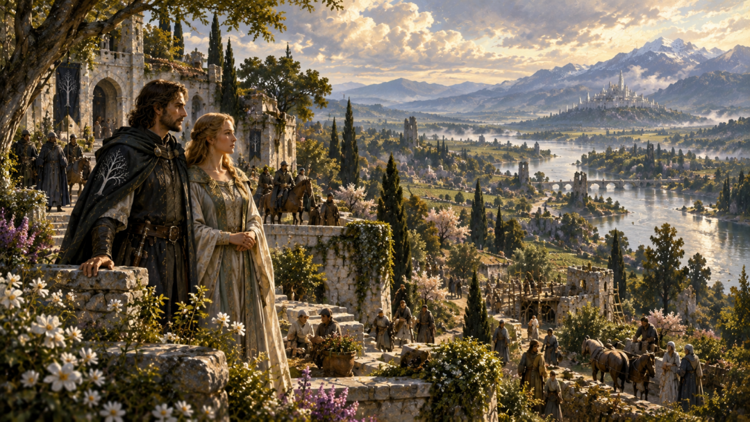 King Elessar returning the white rod of the Steward to Faramir in the high courts of Minas Tirith.