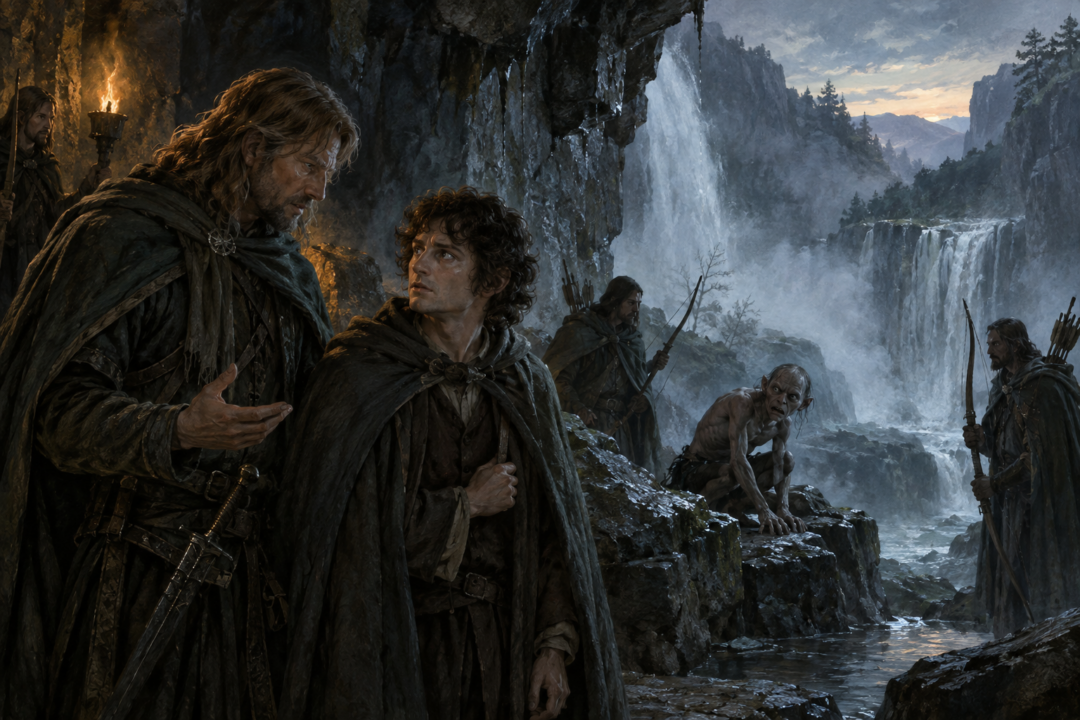 Faramir warns Frodo about Cirith Ungol while Gollum waits under guard at Henneth Annûn.