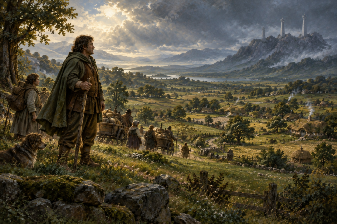Fastred of Greenholm overlooking Hobbit settlements after becoming Warden of Westmarch