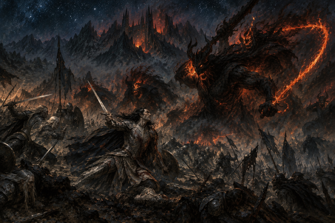 Fëanor surrounded by Balrogs near Dor Daedeloth during his fatal final battle beneath the stars.