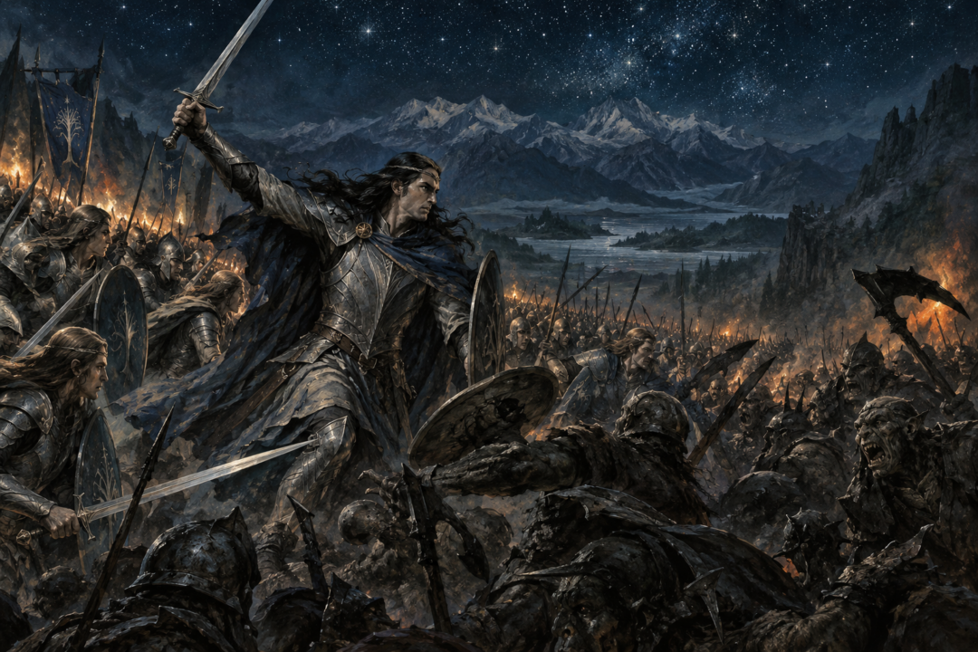 Fëanor leading the Noldor against Morgoth’s Orcs in the Battle-under-Stars before the first sunrise.