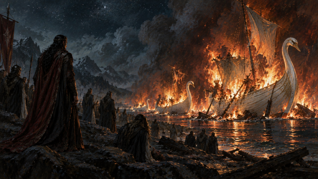 The captured swan-ships of the Teleri burning at Losgar beneath the stars after Fëanor reaches Middle-earth.