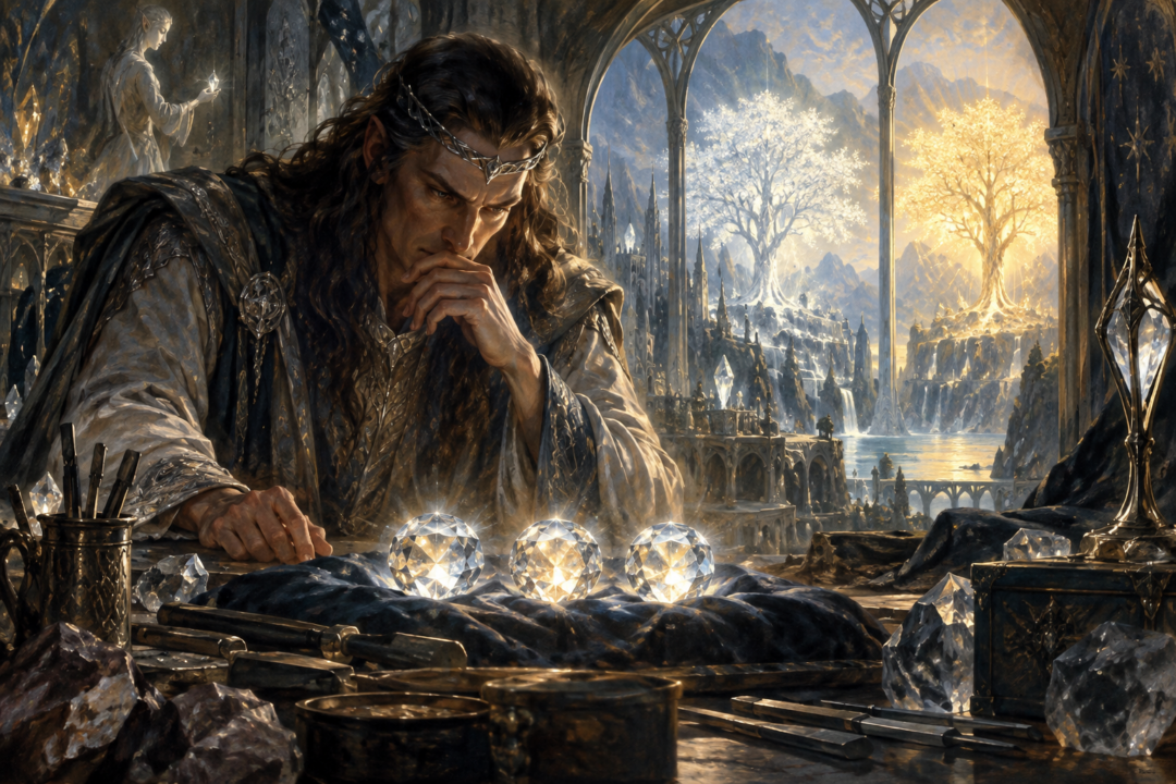 Fëanor in his workshop in Valinor before the three newly created Silmarils filled with the light of the Two Trees.