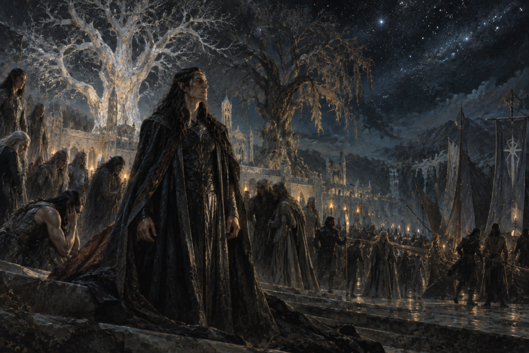 Fëanor and the Noldor in darkened Valinor after the destruction of the Two Trees and before the first sunrise.