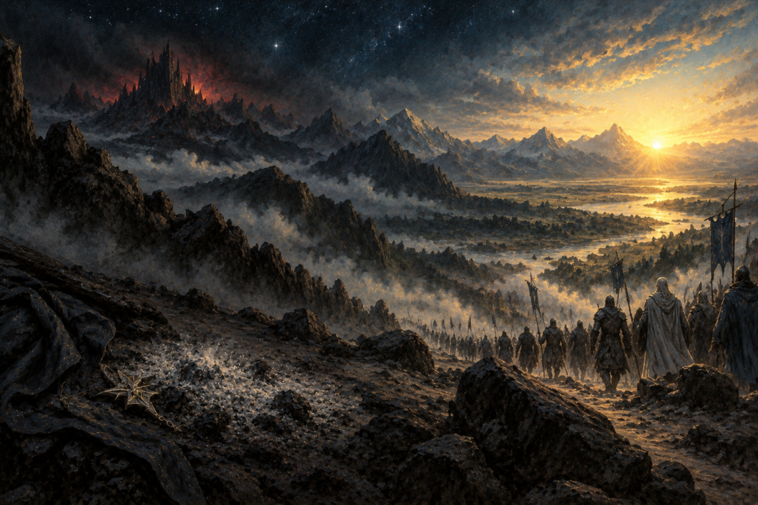 Symbolic view of Fëanor’s ashes beneath fading stars as the first Sun rises over Middle-earth after his death.