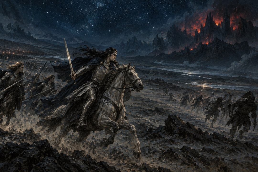 Fëanor pursuing Morgoth’s fleeing forces toward Angband beneath the stars after his first victory in Beleriand.
