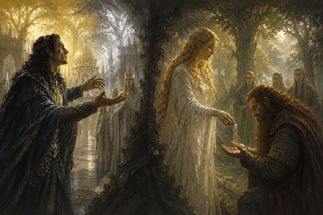 Symbolic contrast between Fëanor's refused requests and Galadriel freely giving three hairs to Gimli