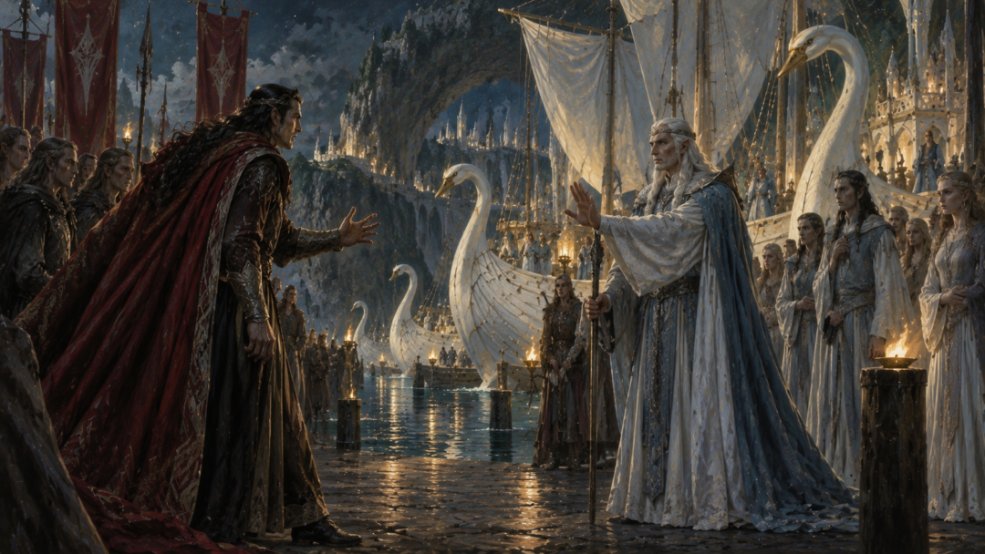 Fëanor confronting King Olwë before the treasured white ships of the Teleri at Alqualondë.