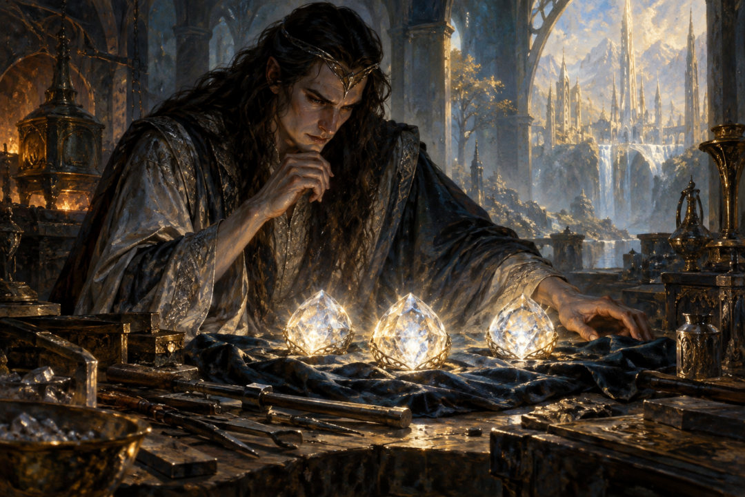 Fëanor stands before the three radiant Silmarils in his smithy, surrounded by ordinary crafting tools.
