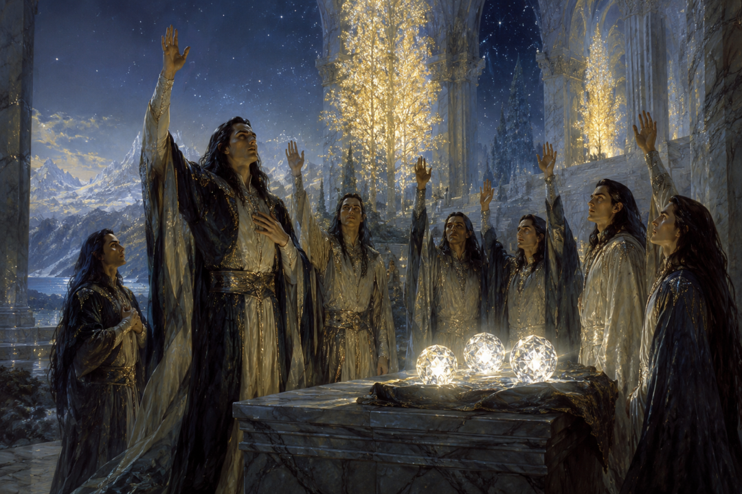 Fëanor and his seven sons swearing their oath in Tirion beneath the light of the Two Trees