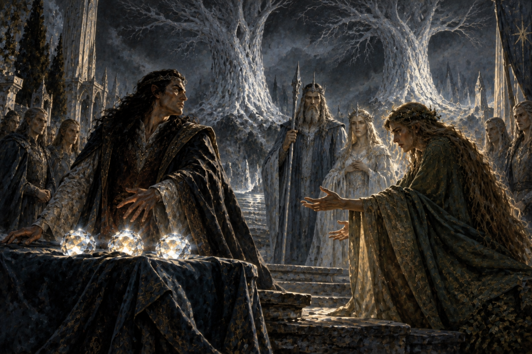 Fëanor facing the Valar after the Darkening of Valinor when the Silmarils are sought to restore the Two Trees.