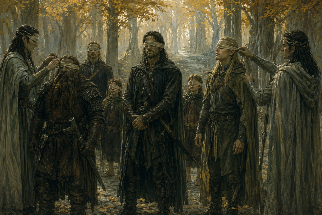 Aragorn and the Fellowship accept blindfolds together so Gimli is not singled out in Lothlórien.