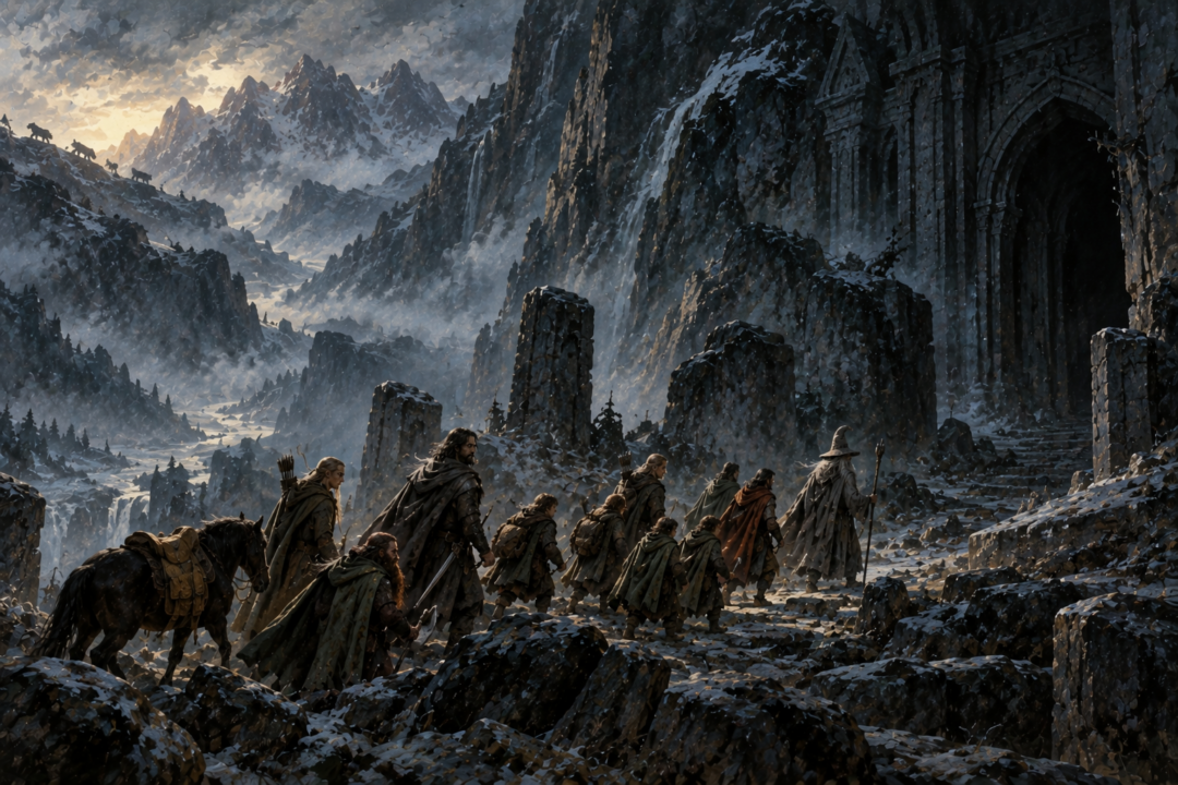 The Fellowship approaches the western side of Moria while wolves threaten the open wilderness behind them.