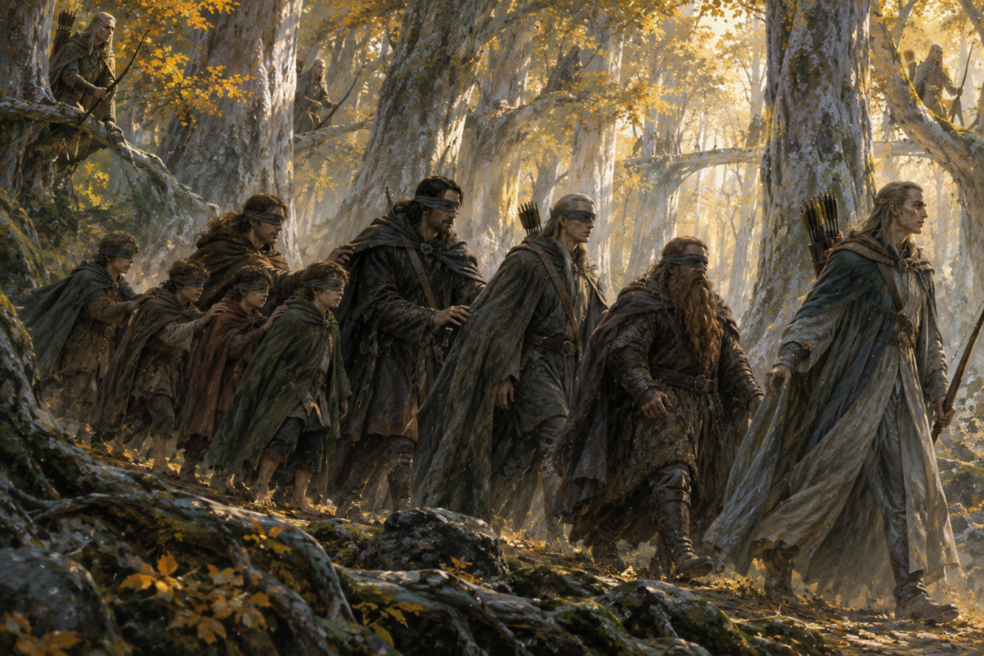 The Fellowship travels blindfolded through Lothlórien under Haldir's guidance as the Elves protect the secrecy of their realm.