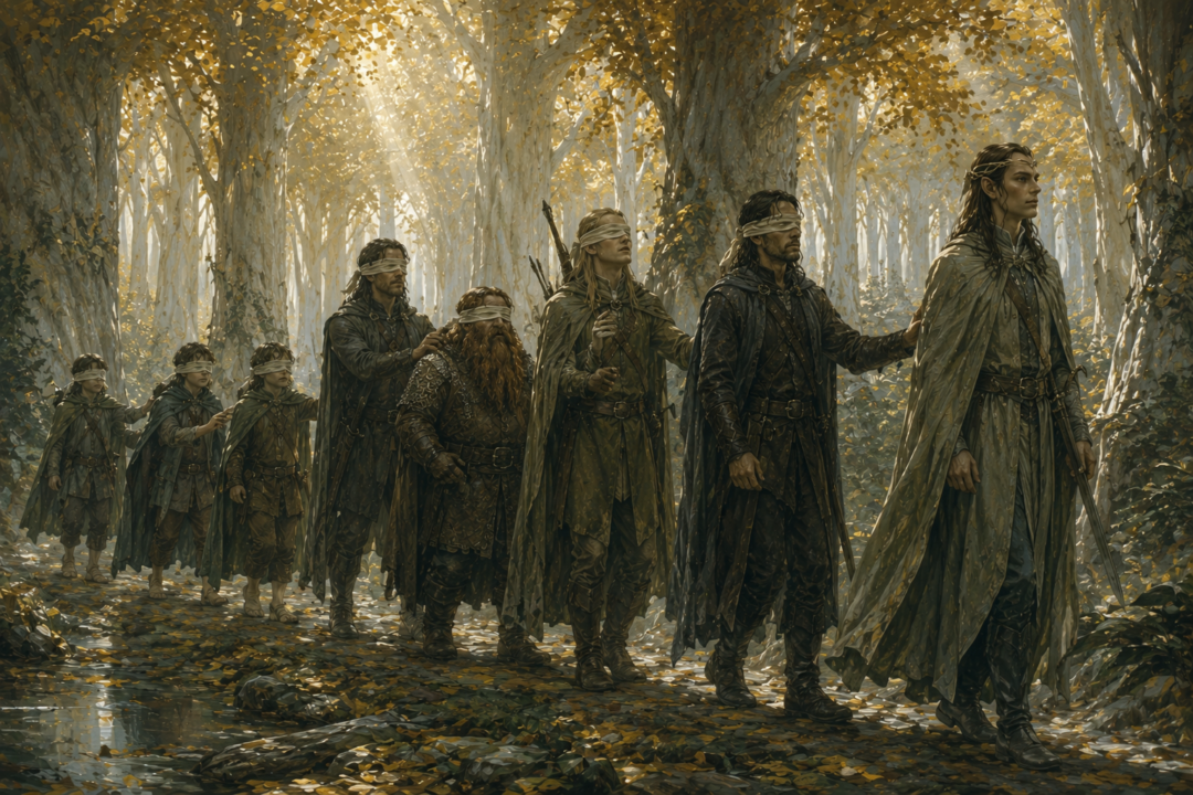 Haldir guides the blindfolded Fellowship along the golden woodland paths of Lothlórien.