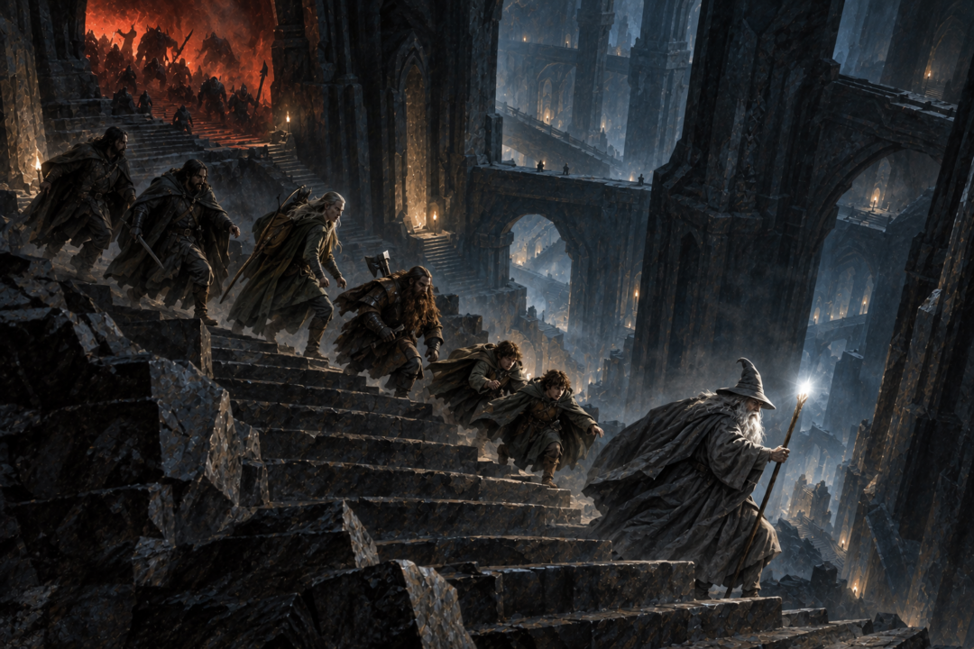 The Fellowship fleeing down a long stone staircase from the upper levels of Moria toward the eastern halls.