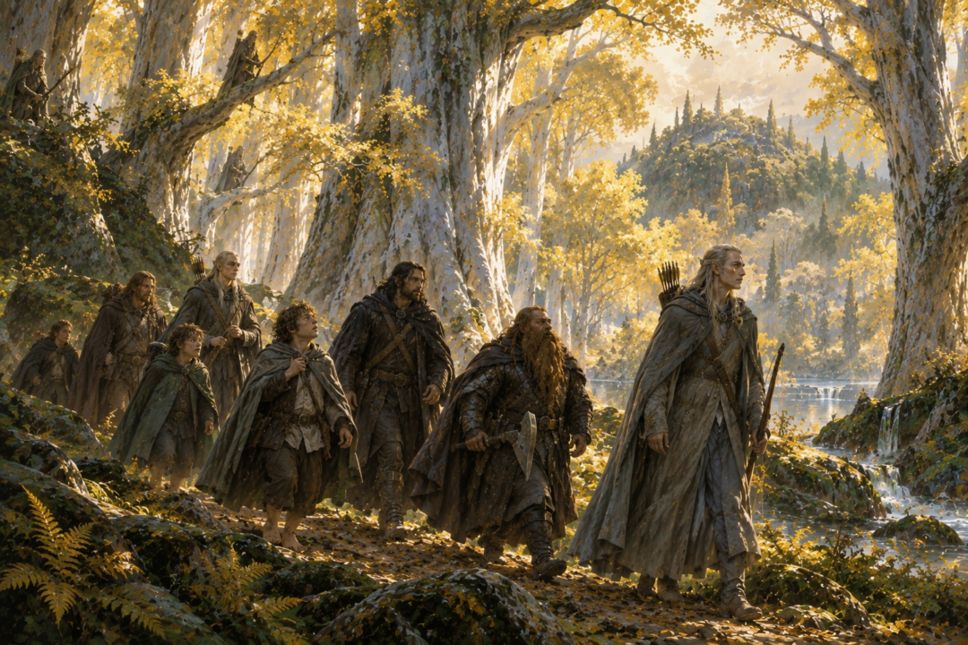 Haldir leads the Fellowship deeper into Lothlórien after they are permitted to remove their blindfolds.