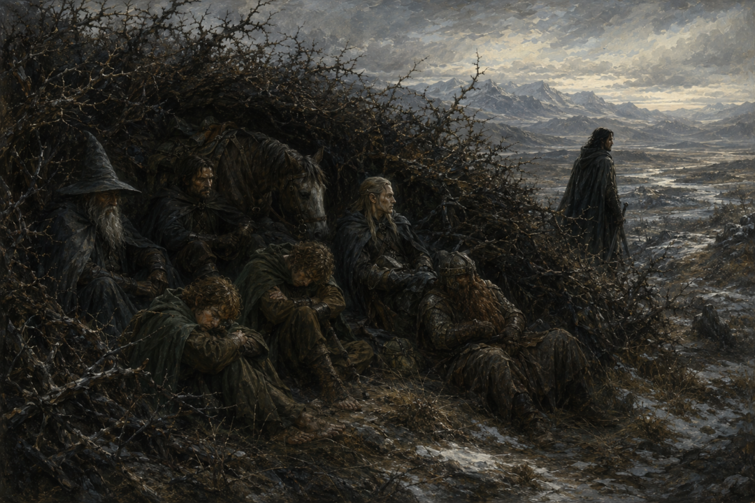 The Fellowship hides among thorn bushes during daylight without lighting a fire while Aragorn keeps watch.