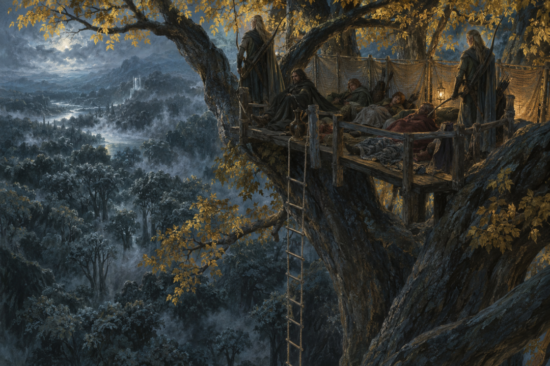 The Fellowship resting on a high flet among the mallorn trees during their first night in Lothlórien.