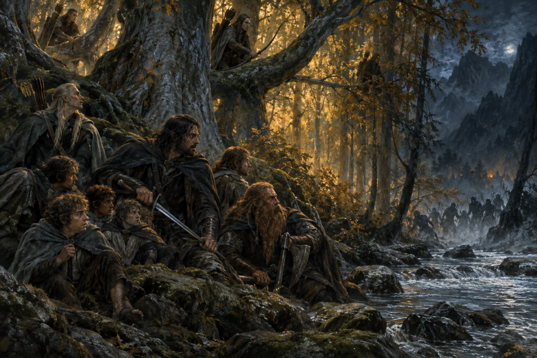 The Fellowship encounters Haldir and the Galadhrim at the guarded northern edge of Lothlórien after escaping Moria.