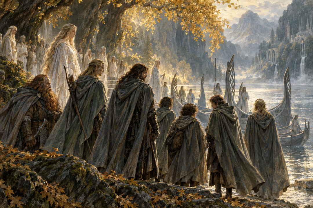 The eight surviving members of the Fellowship wearing their new Elven cloaks as they prepare to leave Lothlórien.
