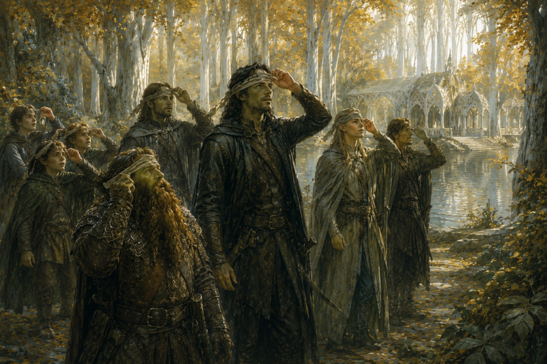 The Fellowship removes their blindfolds and beholds the golden beauty of Lothlórien near Cerin Amroth.