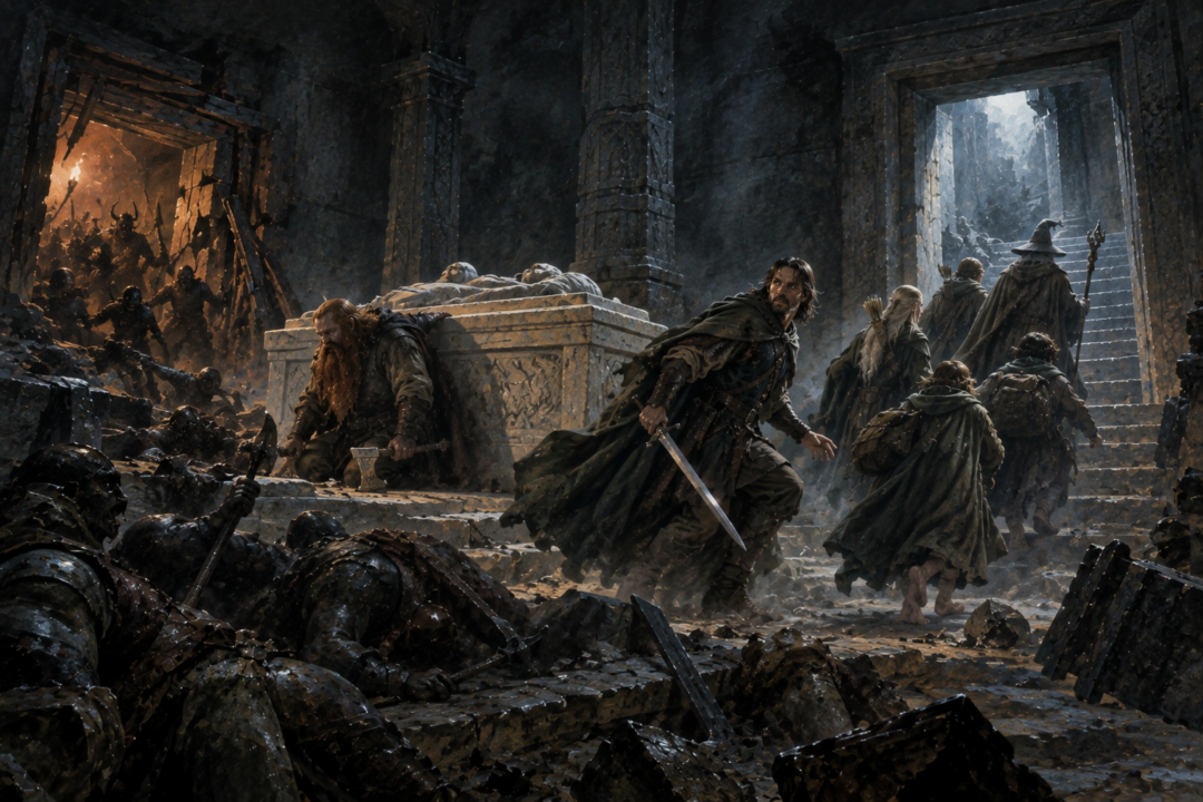 The Fellowship retreats through the eastern door of the Chamber of Mazarbul after temporarily repelling the Orc attack.