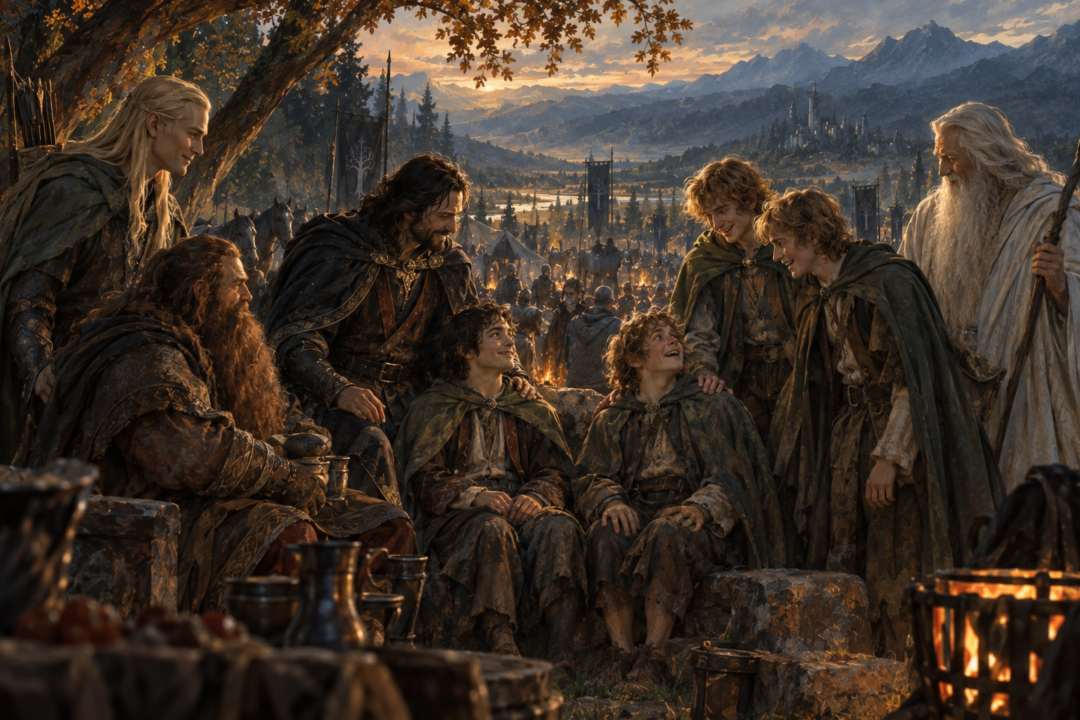 Frodo and Sam reunited with Aragorn, Gandalf, Merry, Pippin, Legolas and Gimli during the celebrations at Cormallen