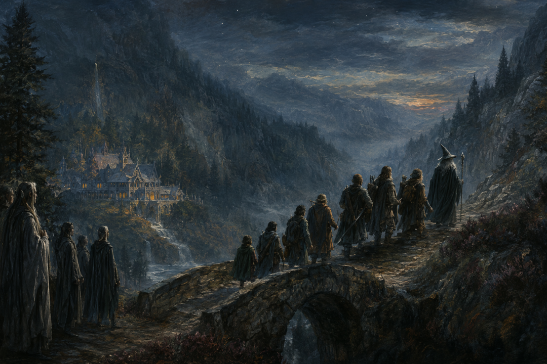 The Fellowship quietly leaves Rivendell under evening shadows before beginning the secret journey south.