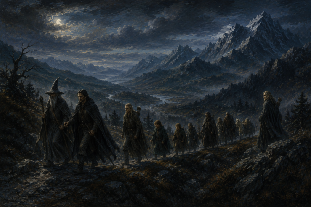 The Fellowship travels by night along little-known paths west of the Misty Mountains to avoid hostile eyes.
