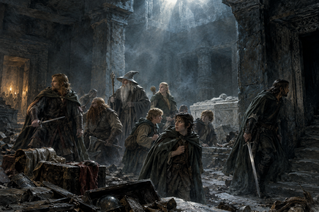 The Fellowship inside the Chamber of Mazarbul as Aragorn listens at the eastern escape route and enemies approach from the west.