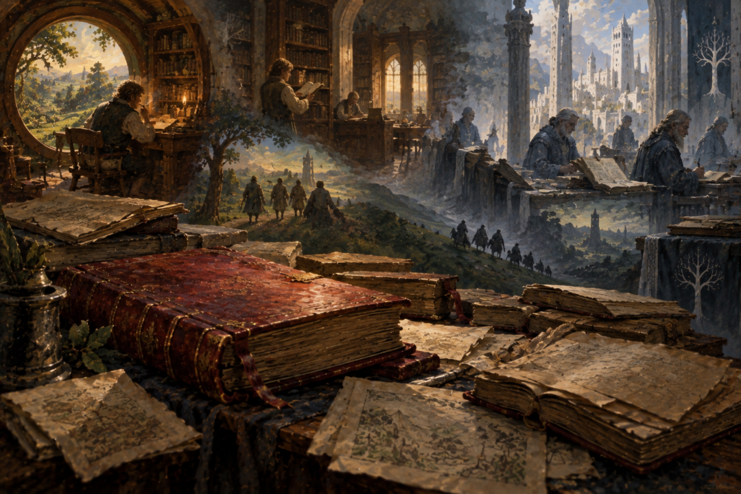 Findegil the King's Writer copying and annotating the Red Book in a Gondorian scriptorium