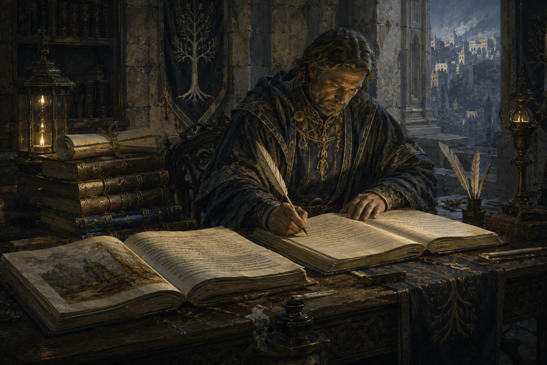 Findegil the King’s Writer completing his copy of the annotated Thain’s Book in Minas Tirith.