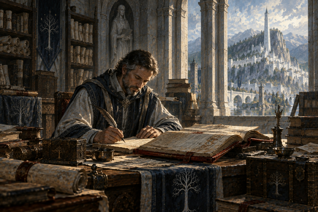 Findegil the King's Writer carefully copying the annotated Thain's Book in Fourth Age Minas Tirith.