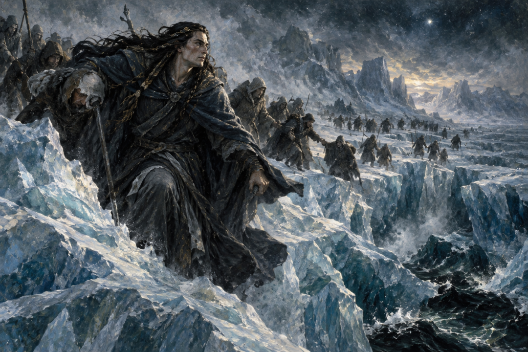 Findekáno leading Noldorin Exiles across the dangerous ice of the Helcaraxë beneath the stars