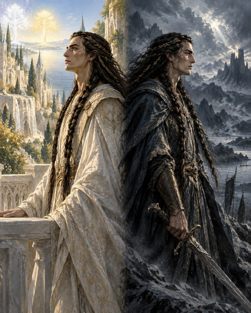 Symbolic contrast between Findekáno in luminous Aman and Fingon in the war-shadowed lands of Beleriand