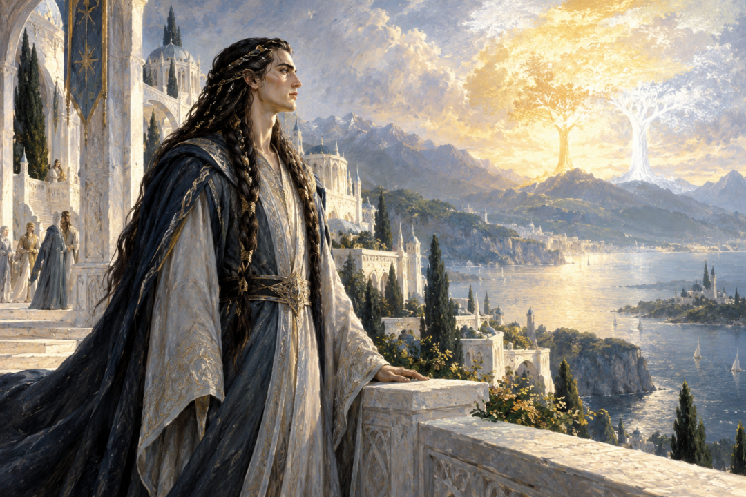 Findekáno in Tirion in Aman with long dark hair braided with gold beneath the light of the Two Trees