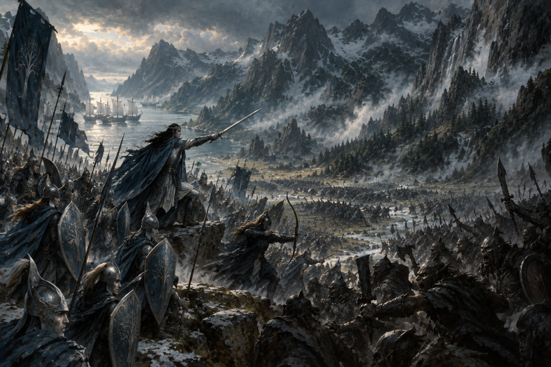 Fingon's forces defending Hithlum as allies arrive through the Firth of Drengist