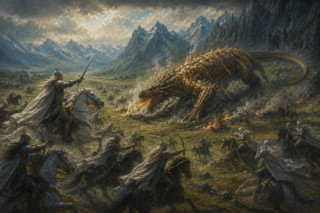 Fingon and mounted Noldorin archers surrounding the young Glaurung and driving him back toward Angband.