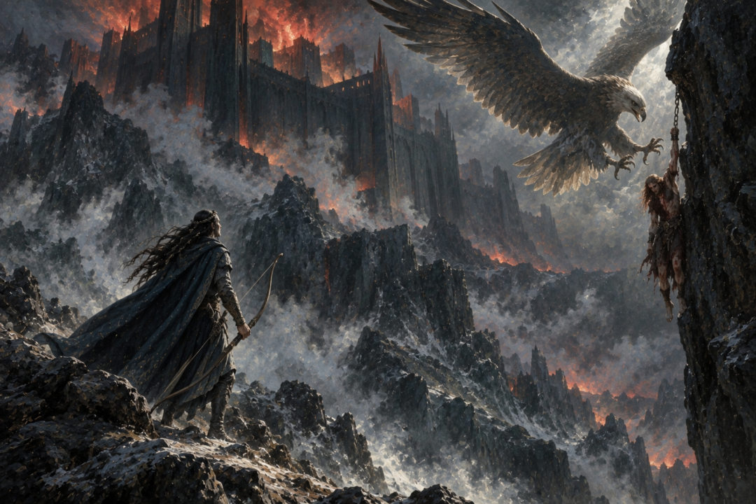 Fingon attempting the rescue of Maedhros from Thangorodrim as Thorondor approaches