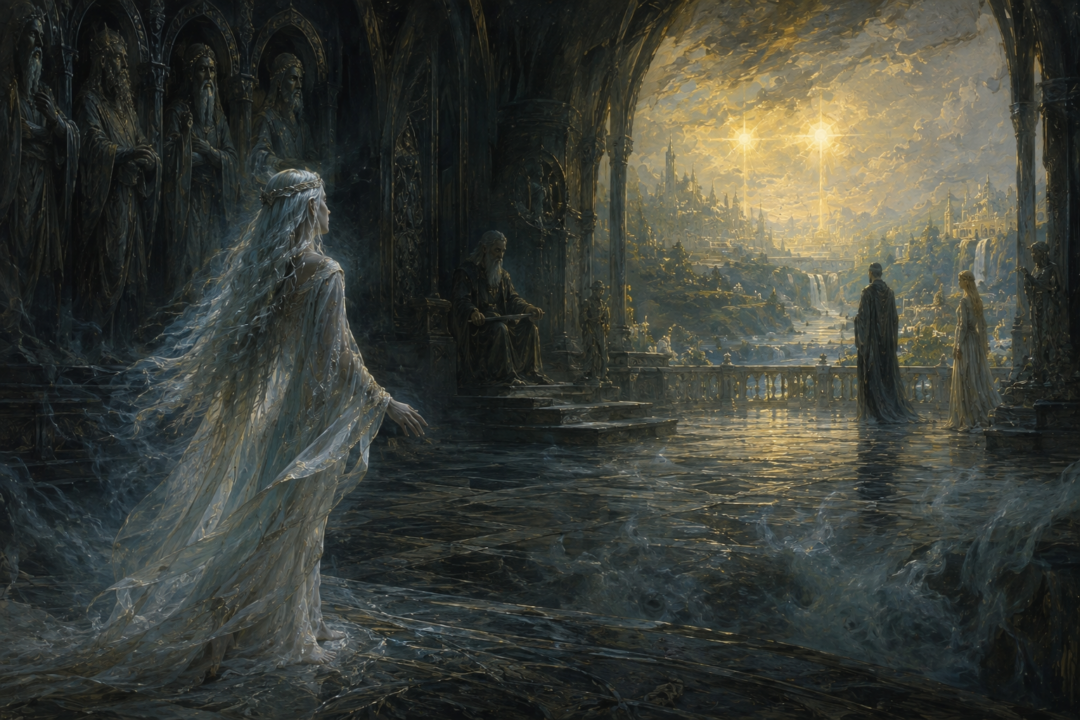 Finwë and Indis joined in marriage beneath the light of the Two Trees in Valinor
