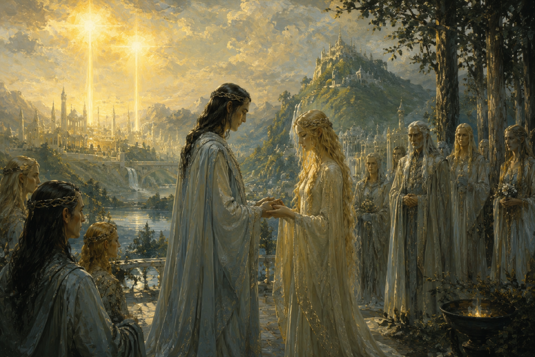 Finwë standing before the Ring of Doom during the judgment concerning Míriel and remarriage