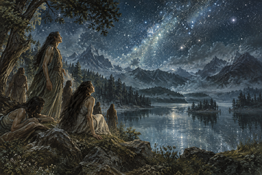 The first Elves awakening beside the waters of Cuiviénen beneath the stars before the creation of the Sun.
