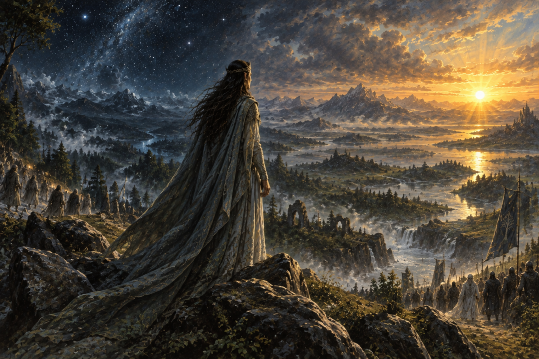 A continuous Middle-earth landscape changing from the starlit Years of the Trees to the first dawn of the Years of the Sun.